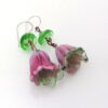 ruby pink grass green lampwork flower earrings